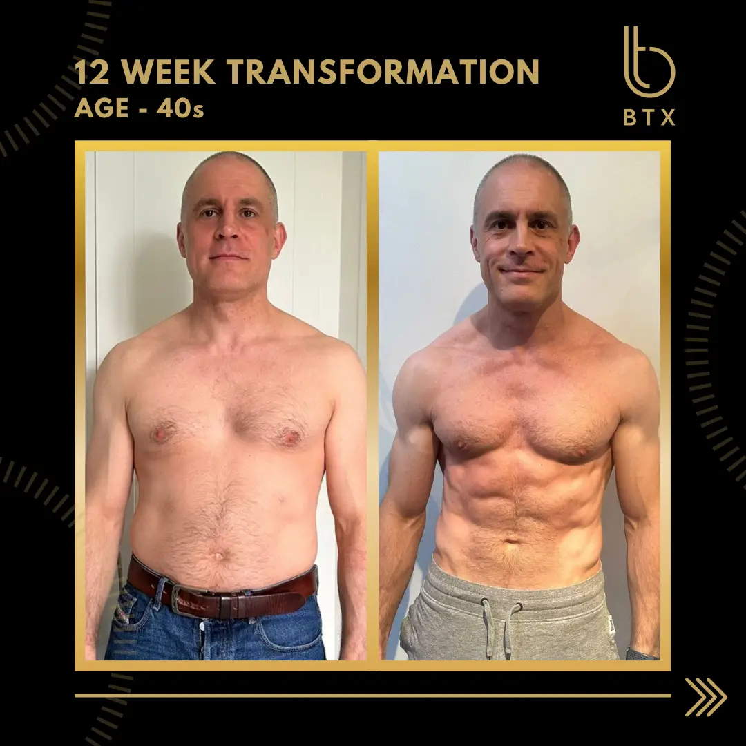 BTX client body transformation before and after photos showing 12-week results